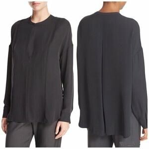 $325 Vince Black Silk Blend Embroidered Vneck Button Collar Blouse 2 NEW
